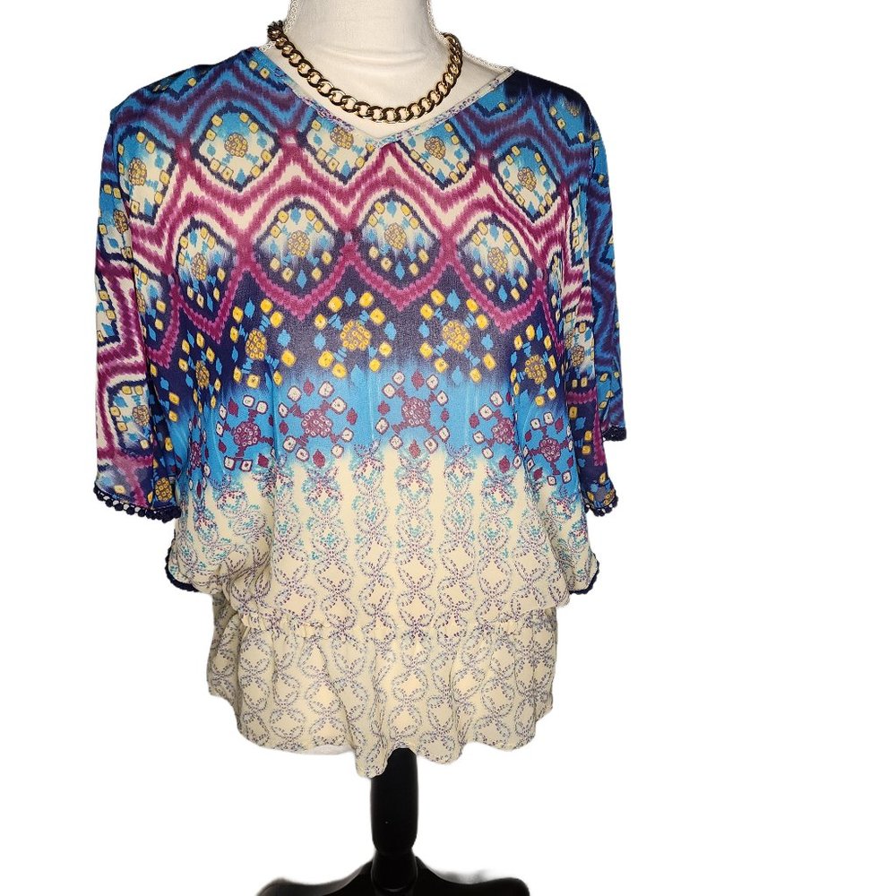 Rafaella, Printed, Shear, Peplum Top, Size Petite Large
